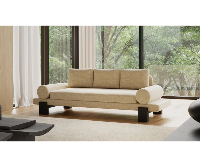 Dolmen Buxom Sofa showcasing sophisticated black oak and stylish comfort.