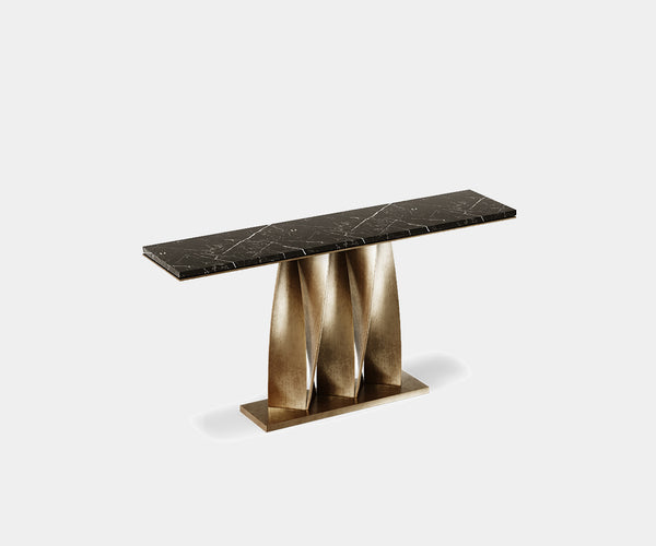 Crafted Luxury: Helix Console in Aged Brass with Sculpted Base and Nero Marquina Marble Top.