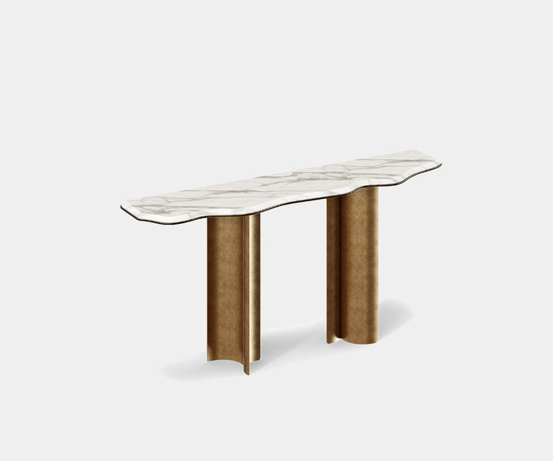 Crafted Luxury Meets Modern Design: Amalgam Console Table in Aged Brass with Carrara Marble Top.