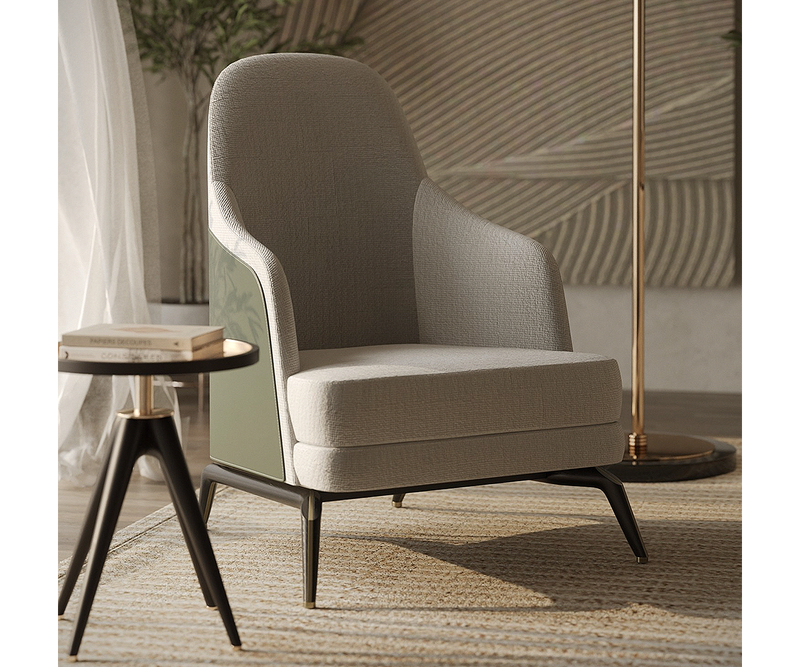 Close-up of the Summers armchair with luxurious fabric and oak wood details.