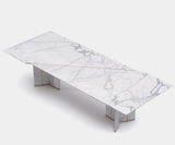 Modern rectangular dining table featuring Statuario marble and brass accents