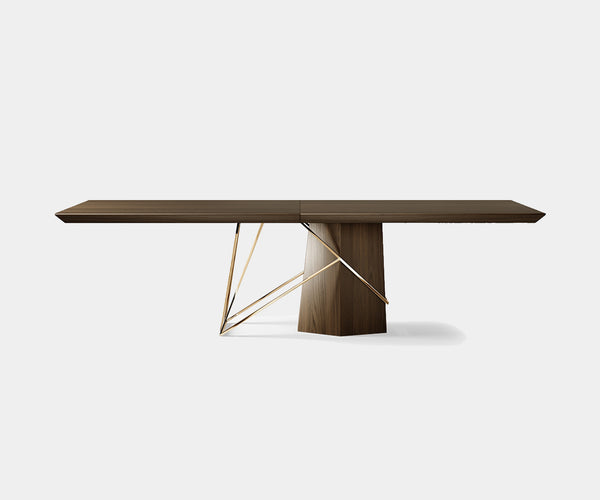 The Architect: Modern Eco-Luxury Dining Table with Polished Brass -  Sustainable dining table in walnut wood with a matte finish and polished brass accents, a perfect centerpiece for modern eco-conscious luxury dining rooms.