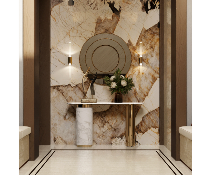 Modern living room interior with a high-end brass console table.