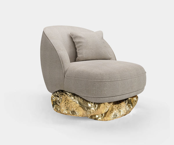 Azorean Cliffside Embrace: The Angra Armchair - A sculptural armchair inspired by the Azores, featuring a polished brass base and plush "Baltic Toffee" upholstery.