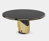 Black Marble & Brass Dining Table: The Helix Coiling Dining Table combines a sleek black Nero Marquina marble top with a gleaming brass base, perfect for a modern dining space.