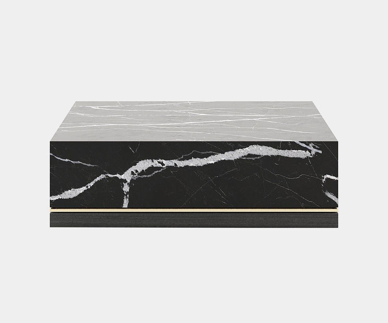 Luxury Nero Marquina marble coffee table with modern design in a stylish living room.