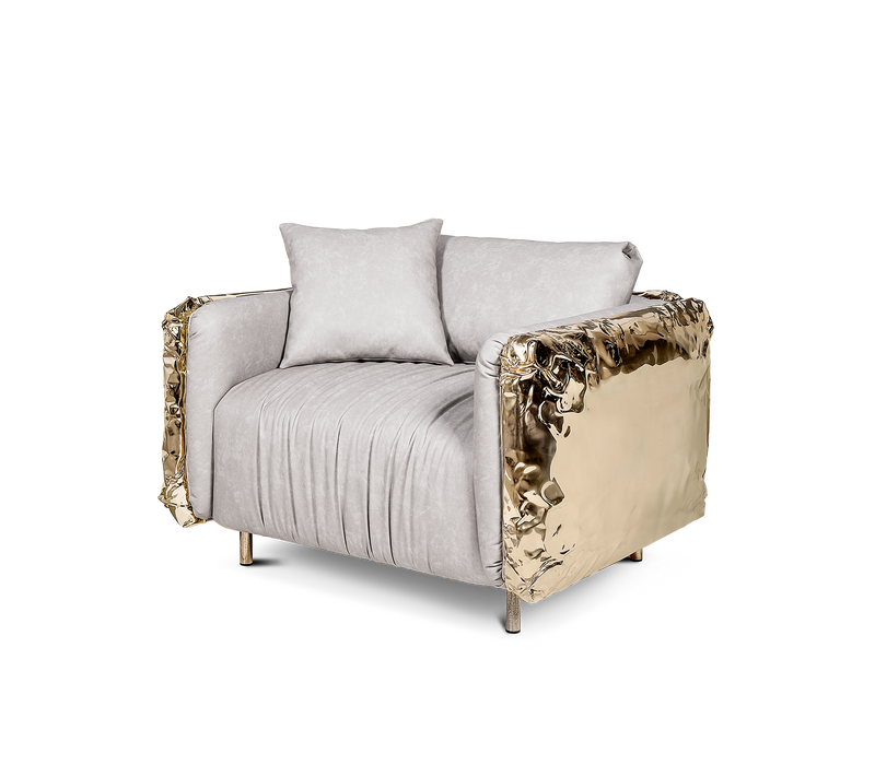 Imperfectio Armchair by Boca Do Lobo: Modern design with a wabi-sabi twist, showcasing hand-hammered brass.