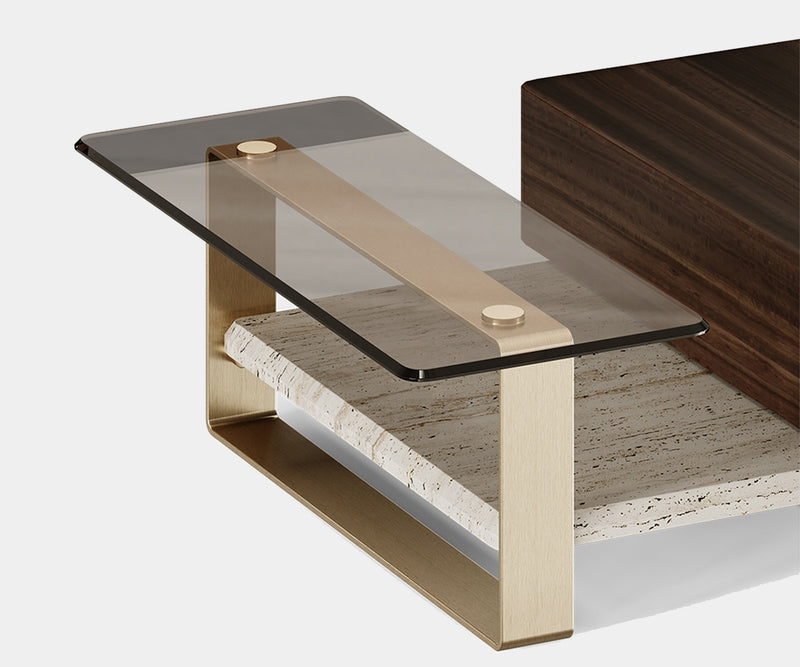 Deconstructed Design: The Deconstruct Center Table by Outline - Embrace the unconventional with the Deconstruct Center Table. This captivating table by Outline features a unique eucalyptus veneer top with a smoked glass overlay, all supported by a brushed brass base.  A bold statement piece that embodies the principles of deconstructed design and elevates your modern living space. 