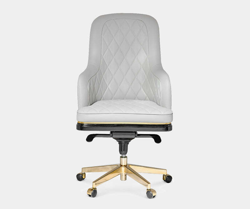 Ergonomic Charla office chair in black lacquered frame and plush leather upholstery.