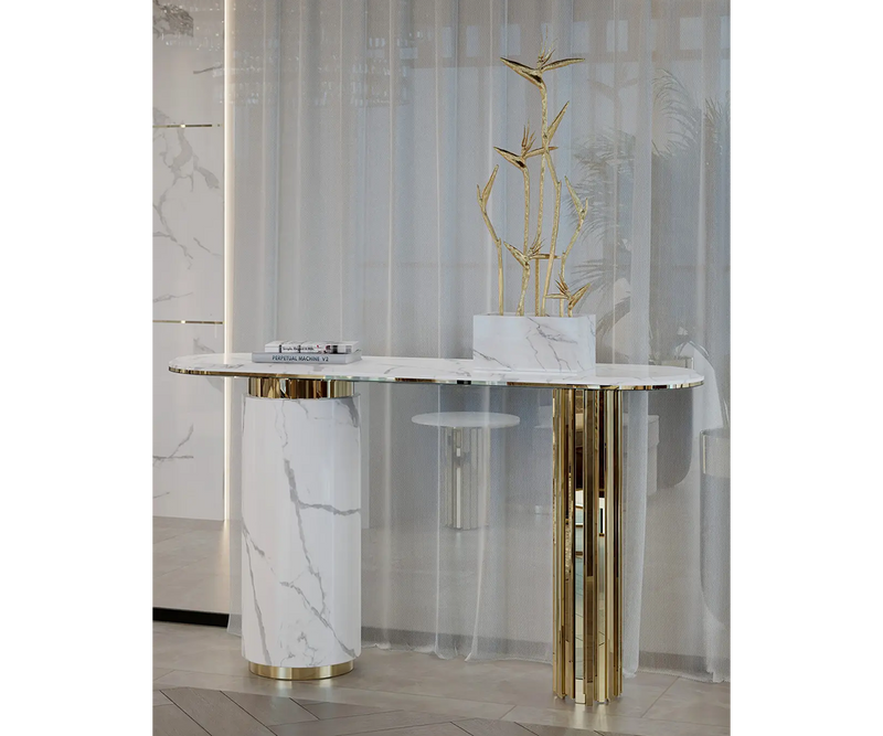 Art Deco inspired console table adds a touch of grandeur to a living room.