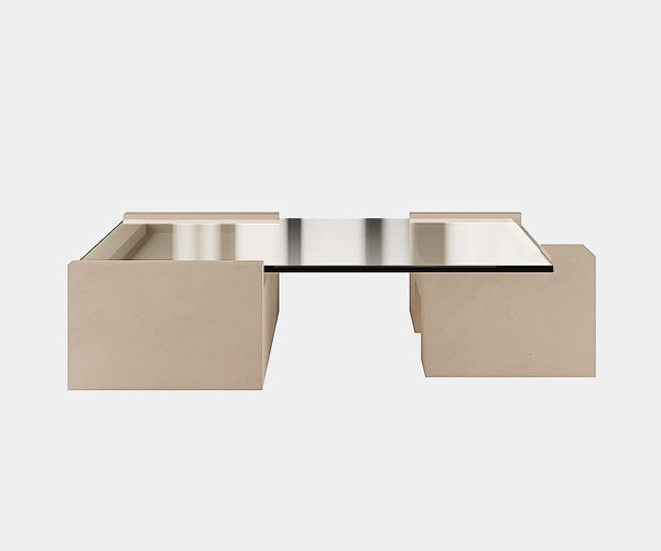 Luxury brutalist micro-cement centre table in a modern living room setting.