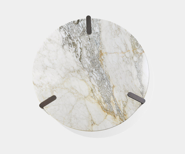 Sculptural masterpiece, the Ottanta Round Coffee Table by Lorenza Bozzoli, combining marble and brass for a striking look.