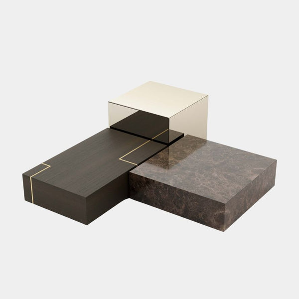 Stylish Club Fortune Coffee Table Set with Luxury Marble, Wood, and Metal - Contemporary High-End Design.