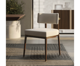 Contemporary Frank dining chair showcasing modern design and brass accents.