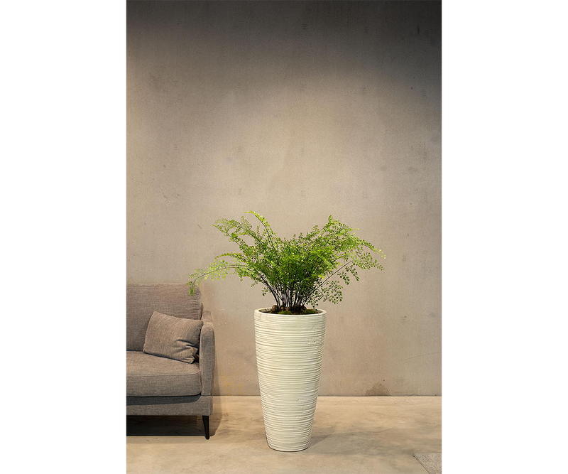 Stylish cream stripe floor vase featured in a sophisticated indoor setting.