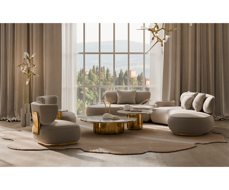 Spacious Round Sofa: The Perfect Place to Unwind: This spacious round sofa, the Aureum, offers ample seating and a comfortable lounging experience, making it the perfect centerpiece for your living room.