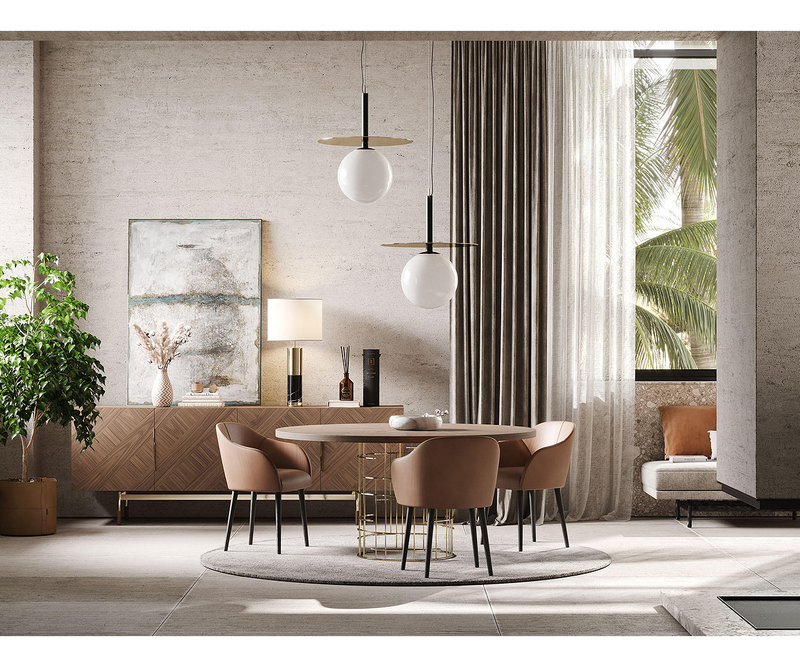 High-end suspension lamp with curved design, tailored for stylish dining rooms.