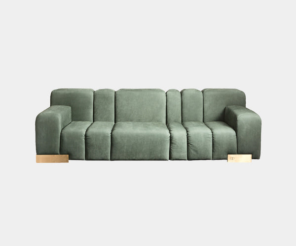 Daytona Leo Green Velvet Sofa: Luxurious comfort meets modern design in the Leo sofa, featuring plush green velvet upholstery, burnished brass details, and memory foam seating.