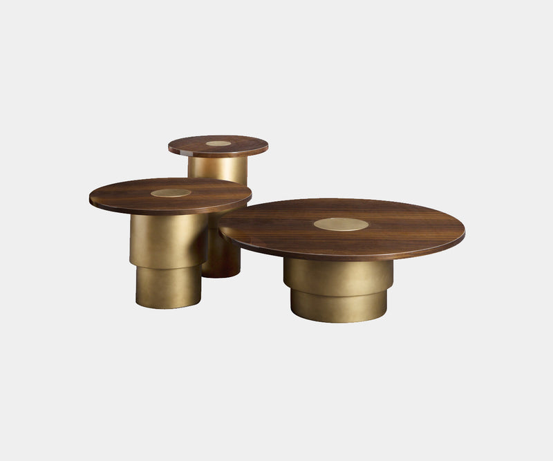 Daytona Rondo Nesting Tables: Luxury meets playful design in the Rondo nesting tables, featuring dark walnut veneer tops accented with burnished brass details, perfect for a luxurious living room.