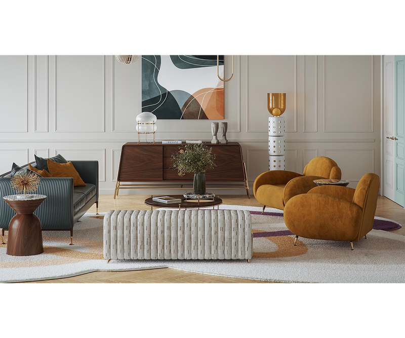 Designer Ellington Remix Armchair in a Modern Living Space.  Elevate your modern living space with the Ellington Remix armchair, a customizable designer piece inspired by mid-century modern style.