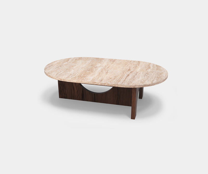 Designer Centro Tavolo: Oval coffee table featuring luxurious Travertine marble top and a modern walnut base.