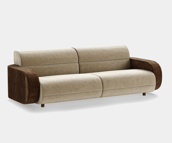 Luxury mid-century modern sofa with polished brass base in a contemporary living room.