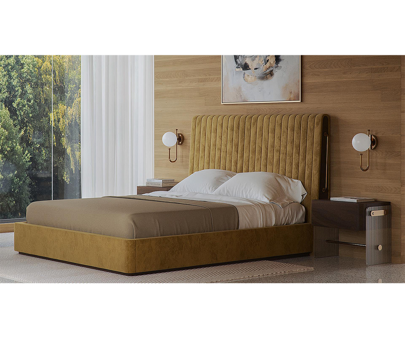 Elegant upholstered bed with walnut frame and brass accents, perfect for luxury home decor.