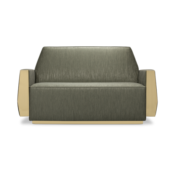 The Doris Sofa by Essential Home: A luxurious mid-century modern sofa featuring a geometric design and metal base.