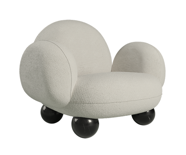 Surrealist Bouclé Armchair: Plush bouclé upholstery meets a handworked marble base in this statement armchair inspired by Salvador Dalí.