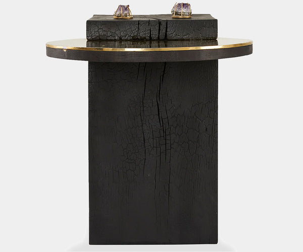 Sherpa side table by Egg Designs, featuring blackened oak and brass with crystal cabochon accents for high-end living spaces.