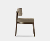 Elegant Frank dining chair in moka oak wood with comfortable padded seat.