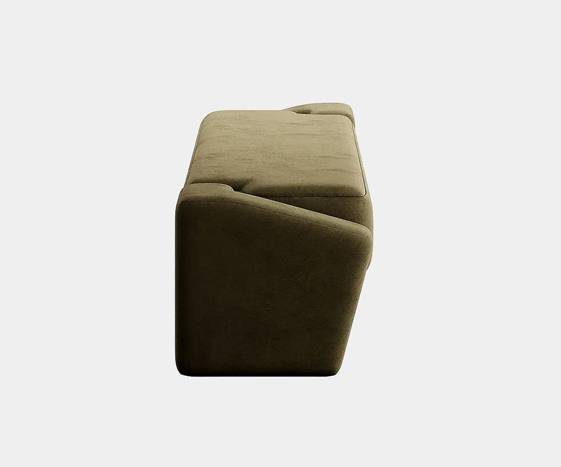 Modern minimalist Kang bench in lush green suede, perfect for high-end living spaces.