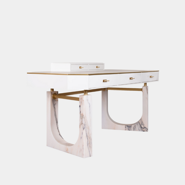 Luxury Home Office Desk by Porus Studio with Stripped Estremoz Marble Legs and Brushed Brass Details - Modern Elegance.