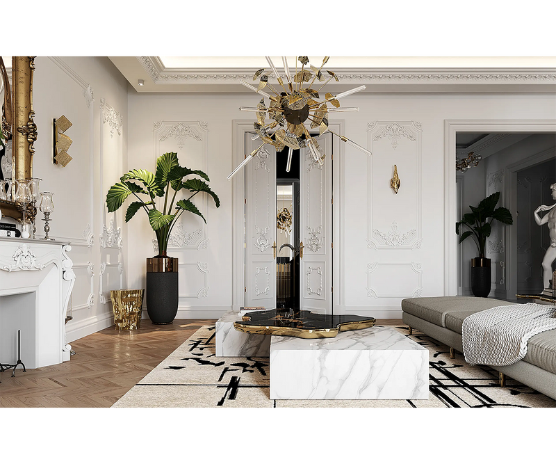 Luxury interior design featuring Boca do Lobo Navarra marble and brass table.