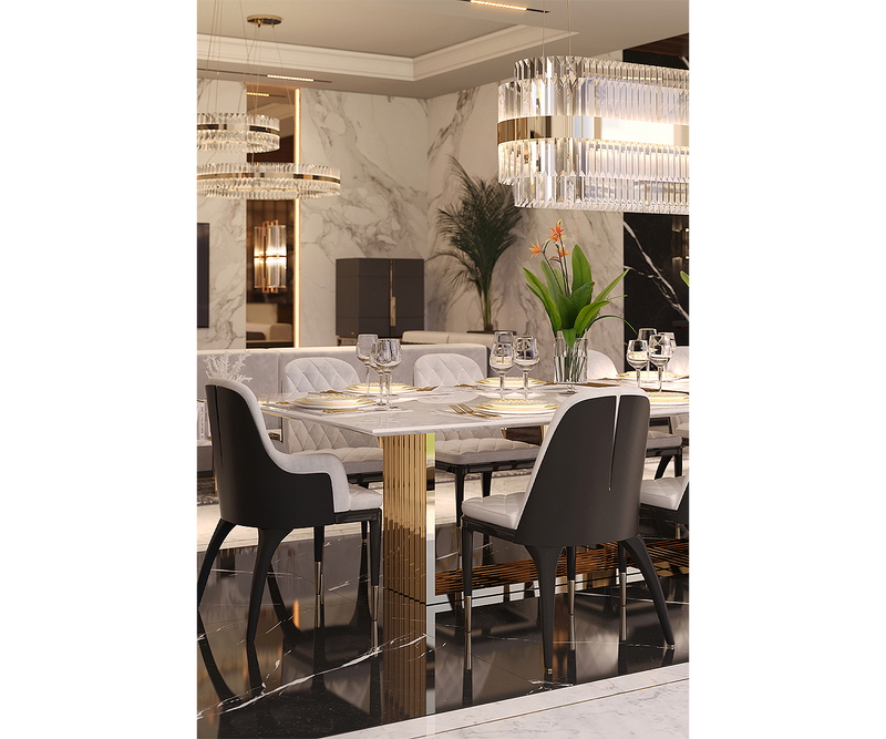 Luxxu Vertigo Dining Table showcasing Carrara marble top and bold polished brass base for luxury interiors