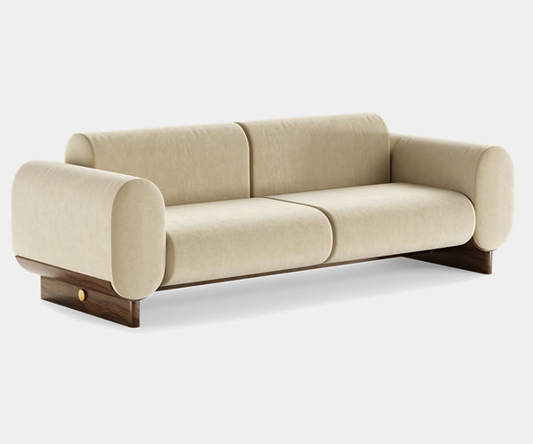 Ellis: Modern Curved Sofa in Fabric & Matte Walnut Frame. The Ellis sofa by Mezzo Collection redefines comfort and style. This captivating design features a unique curved silhouette, plush fabric upholstery in a range of colors, and a beautiful matte walnut frame, creating a statement piece for any modern living space.