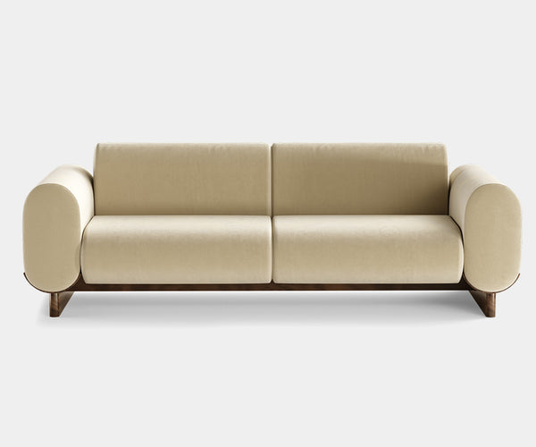 Illuminate Your Living Room with the Ellis Modern Curved Sofa.  Elevate your living room with the Ellis sofa by Mezzo Collection. This modern masterpiece features an inviting curved design, luxurious fabric upholstery, and a sleek matte walnut frame, perfect for creating a warm and inviting atmosphere for entertaining guests or relaxing in style.
