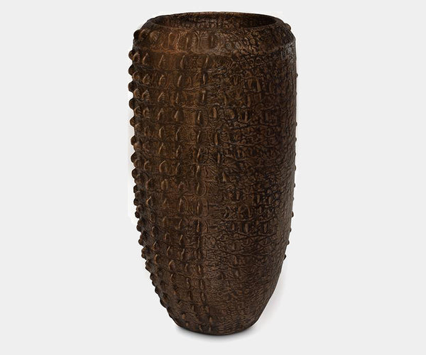 Fleur Ami Croc Floor Vase with a luxurious bronze finish, featuring a sculptural reptile-like texture for high-end home decor.