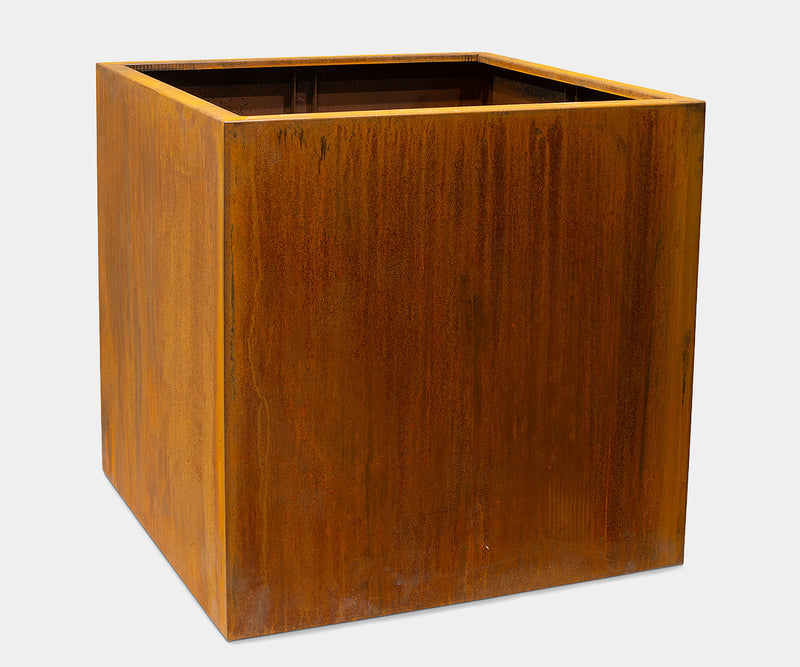 Elegant Corten Steel Planter Cube adding sophistication to modern outdoor spaces and patios.