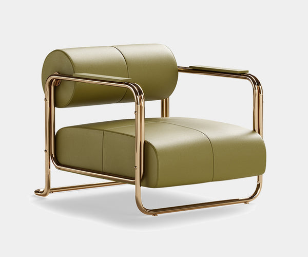 Gilded Age Glamour: Mid-Century Modern Armchair in Polished Brass. This luxurious armchair features plush upholstery and gleaming brass accents, perfect for a touch of mid-century modern elegance in any living space.