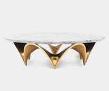 Luxury Christopher Guy Valencia II coffee table with white Carrara marble top and gold leaf finish.