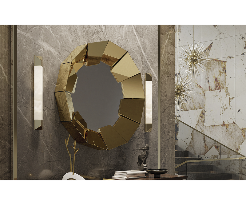 Luxxu’s Spear Wall Lamp, a modern lighting fixture with marble and brass for elegant interior design.