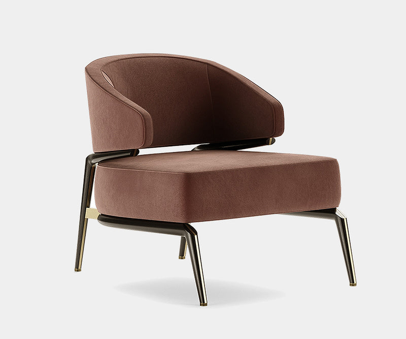 Haines luxury armchair featuring black stained oak wood and elegant brushed brass accents.