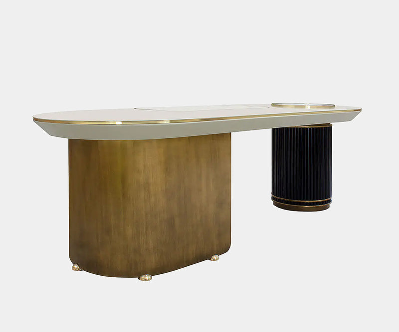 Modern luxury Arizona Desk by Porus Studio, showcasing marble, brass, and lacquered wood.