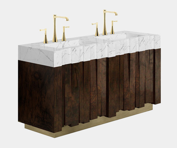 High-end bathroom vanity featuring a vintage brass matte base, Carrara marble top, and walnut root veneer structure.