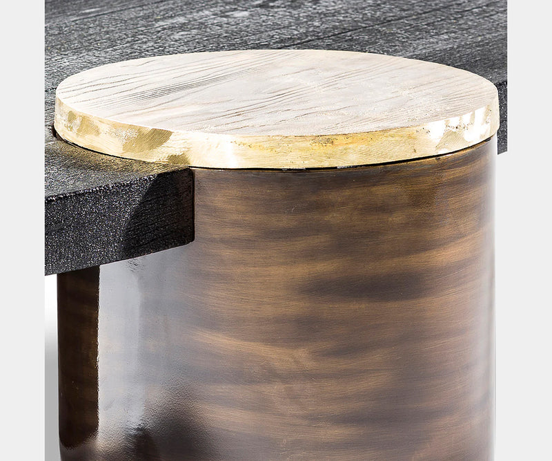 Contemporary Primal Coffee Table with organic curves and asymmetrical design, combining Shou Sugi Ban wood with elegant brass elements.