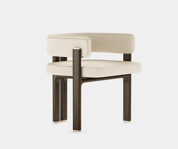 Karl luxury dining chair with eucalyptus wood frame and brass accents.