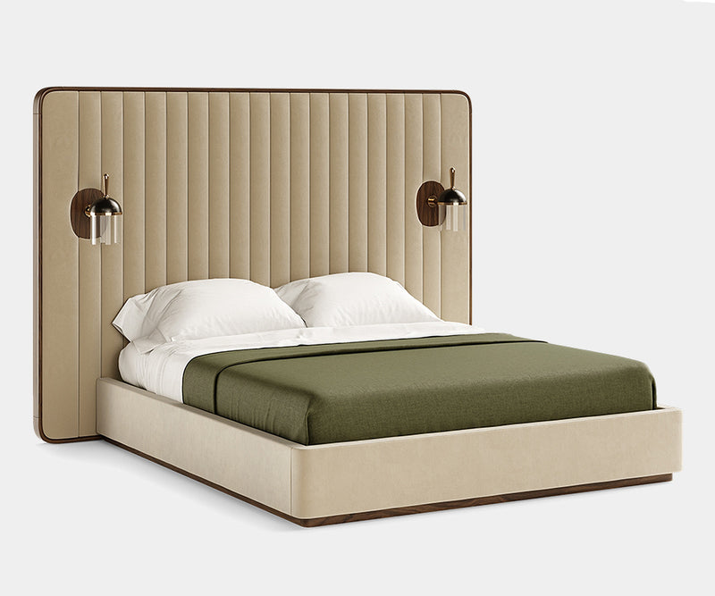 High-end mid-century modern bed with custom walnut wood and integrated lighting.