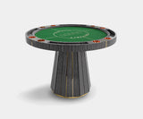 Elegant luxury poker table with walnut root construction, polished brass elements, and plush velvet padding.