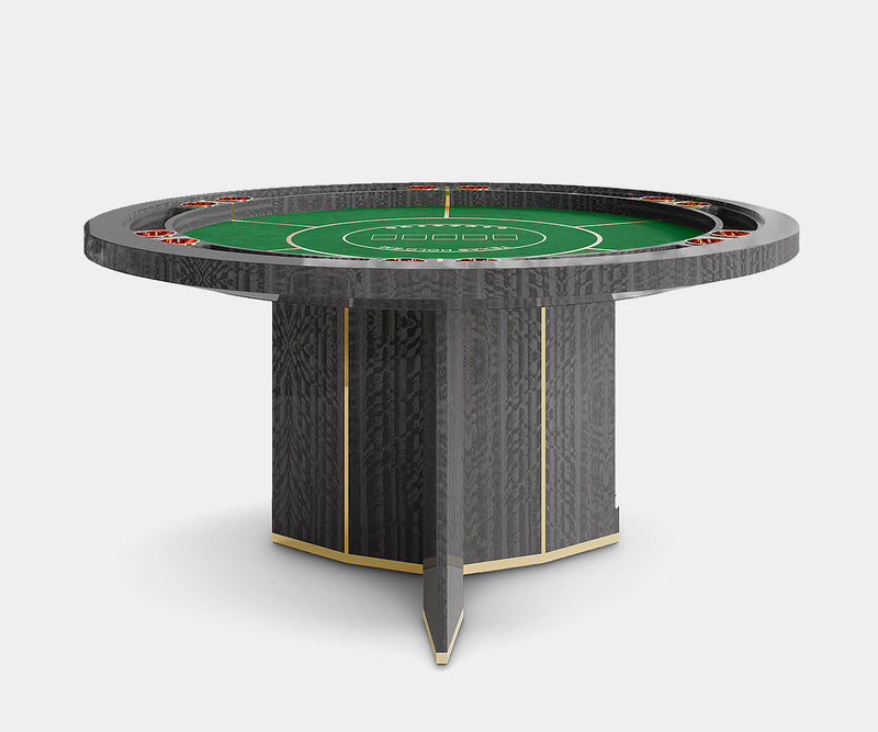 High-end poker table for luxury game rooms featuring elegant wood, brass, and velvet design.